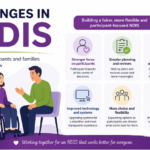 NDIS changes highlighting participant-focused support, simpler planning, and improved services with caregiver and wheelchair user illustration.